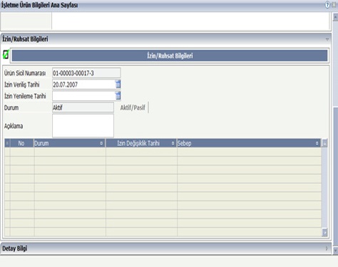 İşletme Ürün - İzin/Ruhsat Bilgileri