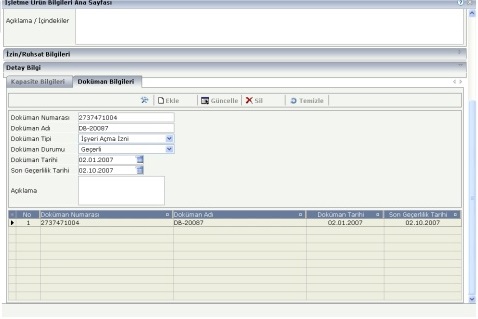 İşletme Ürün - Doküman Bilgileri